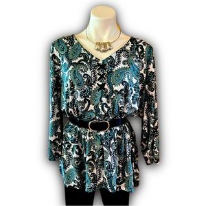 Plus Size 2X | Emaline Woman | Jersey | Tunic | Turquoise and Black Paisley